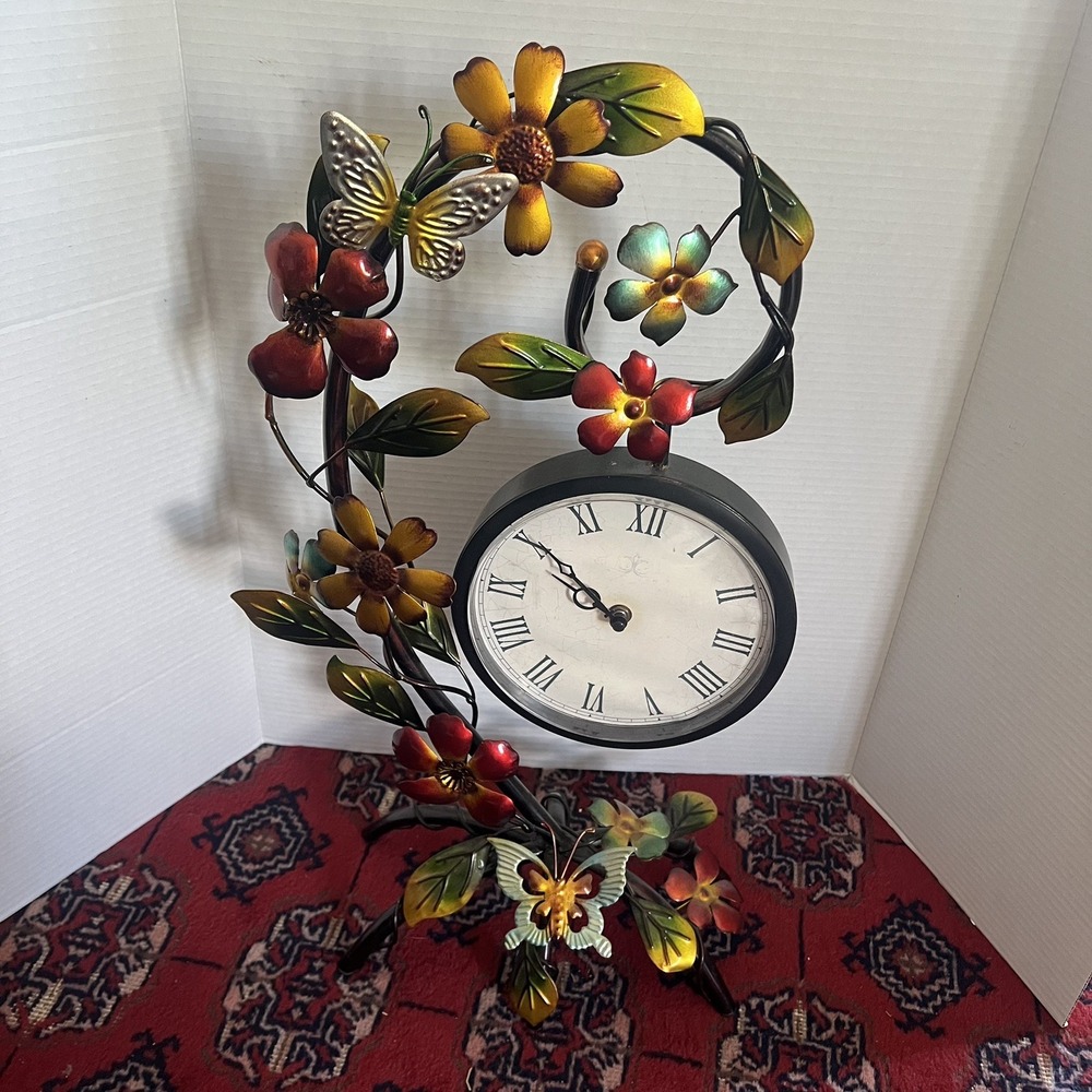 Pier 1 Metal Floral Desk Clock – Colorful Flower & Butterfly Art Decor